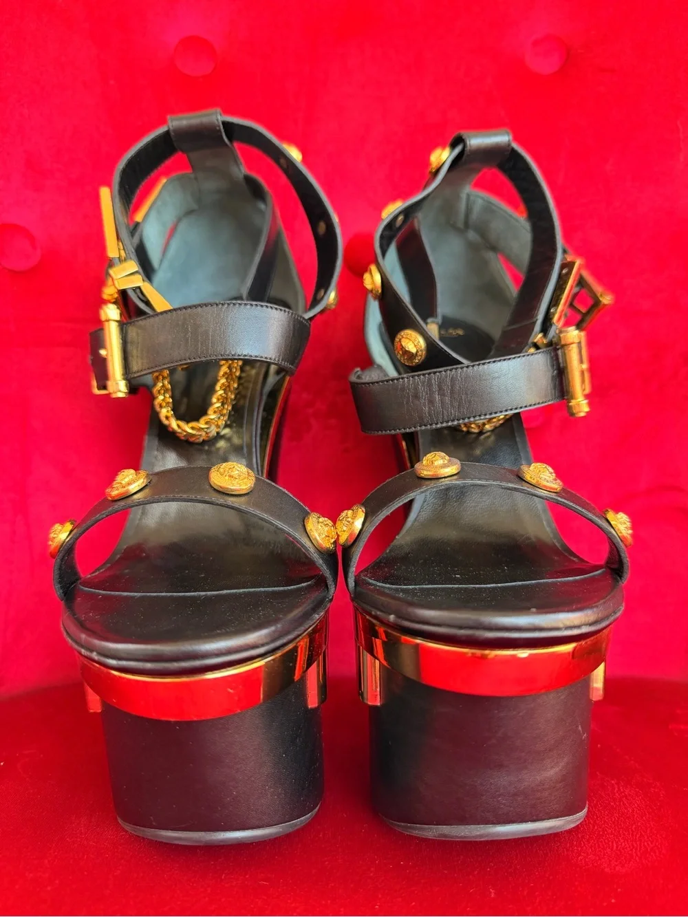 Versace Black and Gold Leather Triple Platform Medusa size 7.5/8 US